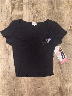 Black Scoop Neck Crop Top with Purple Rose Detail